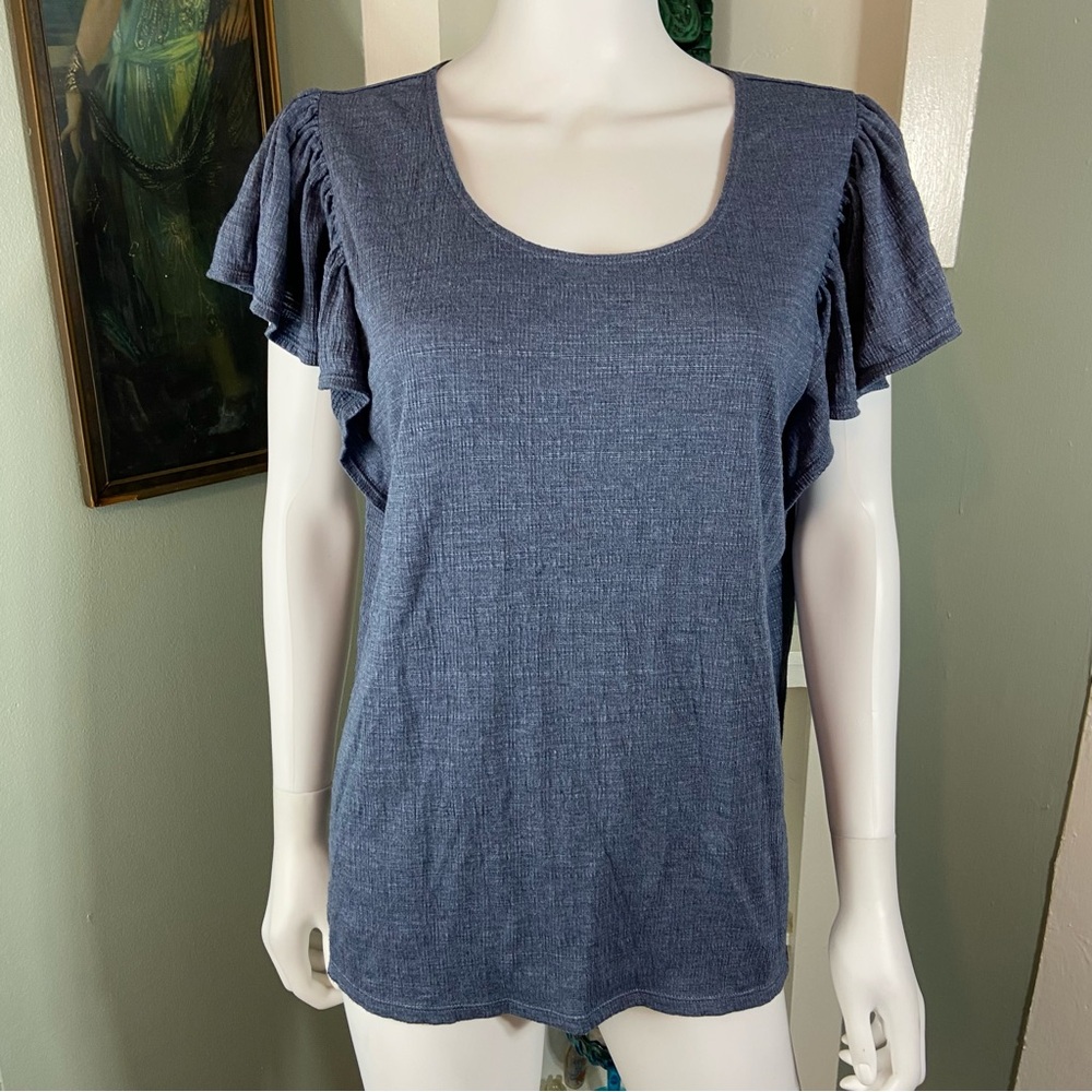 Max Studio Blue Crinkle Flutter Sleeve Blouse Top T Shirt Scoop Neck Medium tee